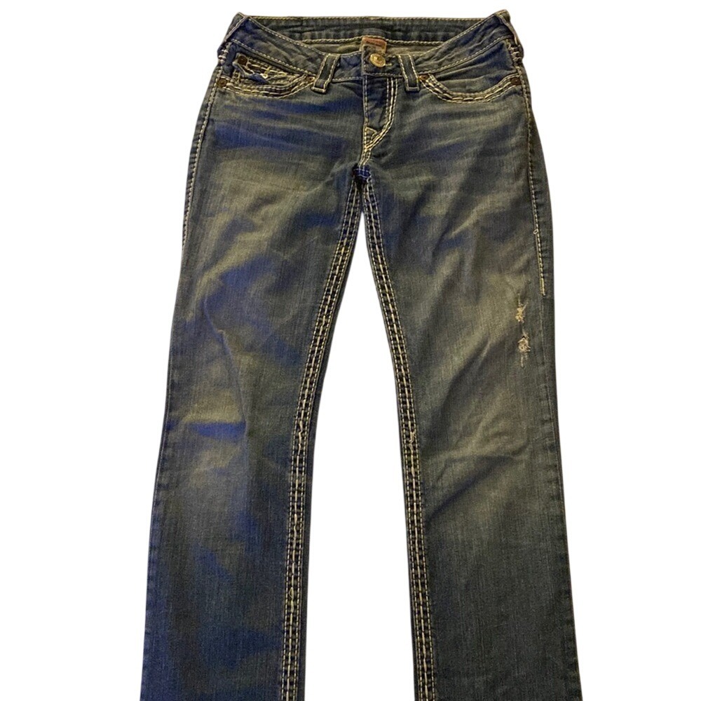 True Religion Womens Jeans Size‎ 27 Straight Leg Blue Denim Distressed